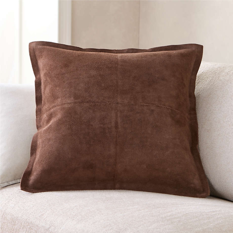 Throw Pillow: Velvety Texture Pieced Suede. Cross Stitched Leather Pillow.