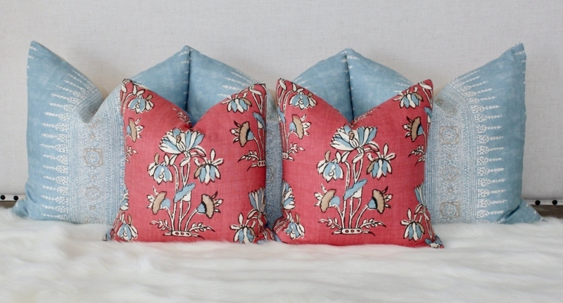 Throw Pillow Vibrant Coral Floral Linen Textured Base Coastal