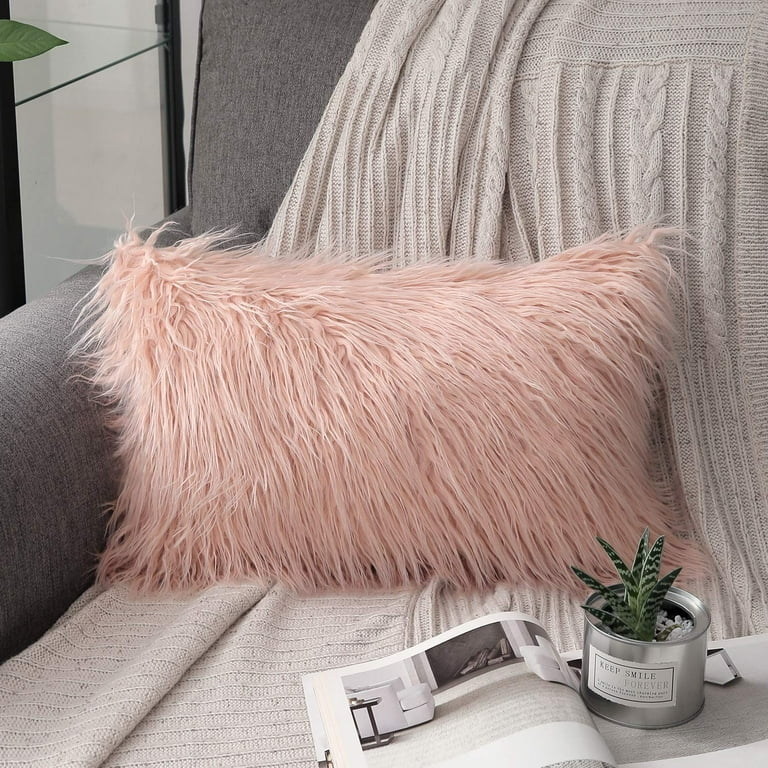 Throw Pillow: Vibrant Orange Shaggy Faux Fur Lumbar, Modern Glam Decor.