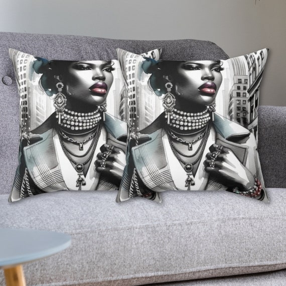 Throw Pillow Vibrant Pink Afrocentric Art Portrait Graphic Print