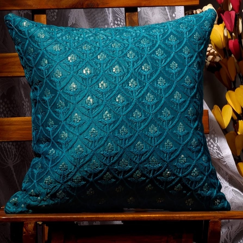 Throw Pillow Vibrant Teal Floral Embroidery Linen Bohemian Accent Cushion