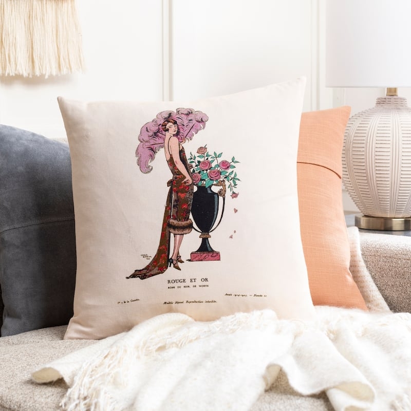 Throw Pillow Vintage Fashion Sketch Script Pattern Red Cream