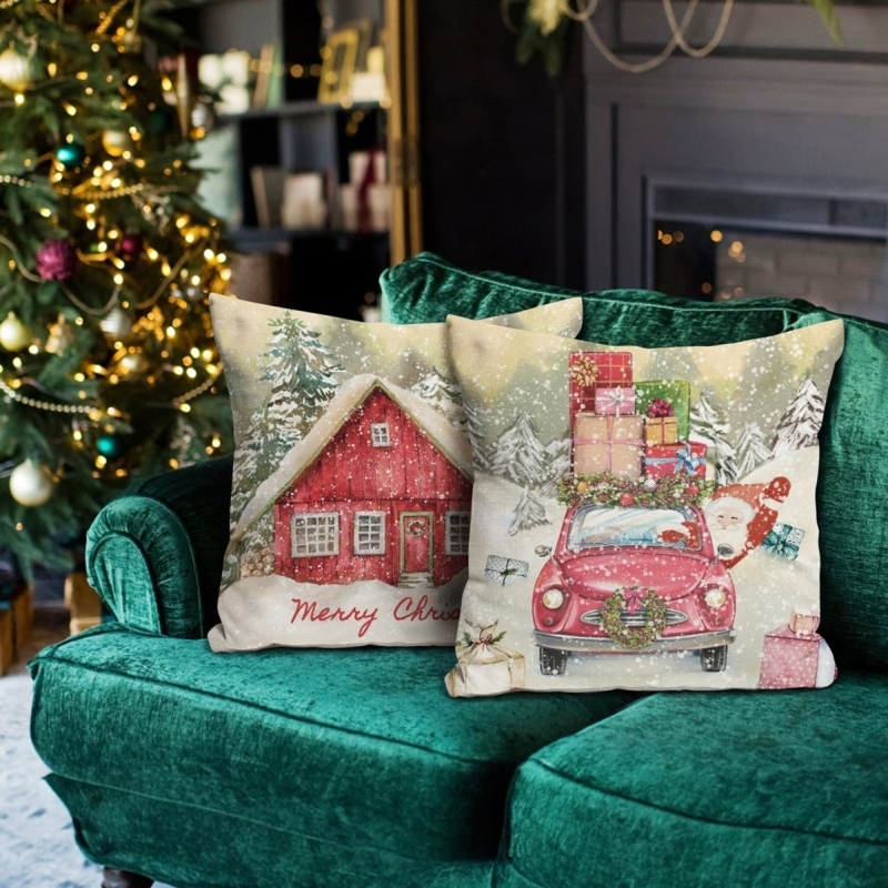 Throw Pillow: Vintage Holiday Graphics, Woven Linen Set