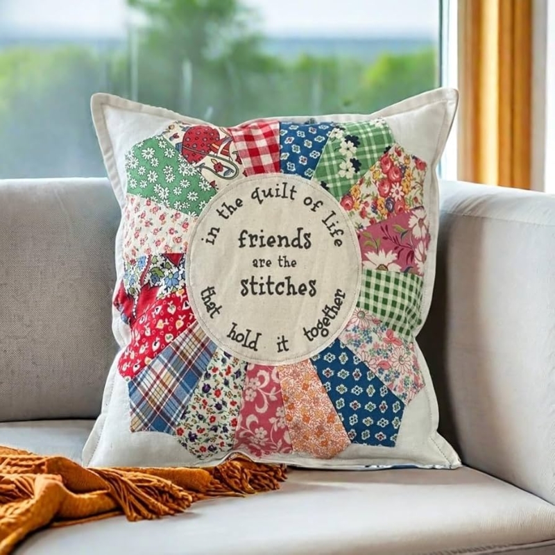 Throw Pillow Vintage Scrappy Patchwork Quilt Floral Hand-Stitched