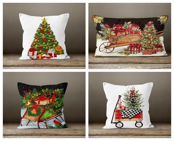 Throw Pillow: Vintage Sleigh Graphic, Plaid Accents Christmas Decor