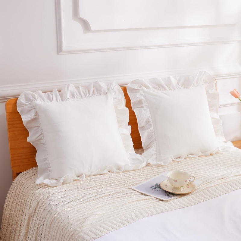 Throw Pillow Washed Texture White Ruffled Edge Farmhouse Style Cushion