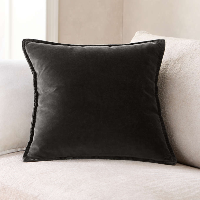 Throw Pillow Washed Velvet Ink Black Top-Stitched Flange Moody