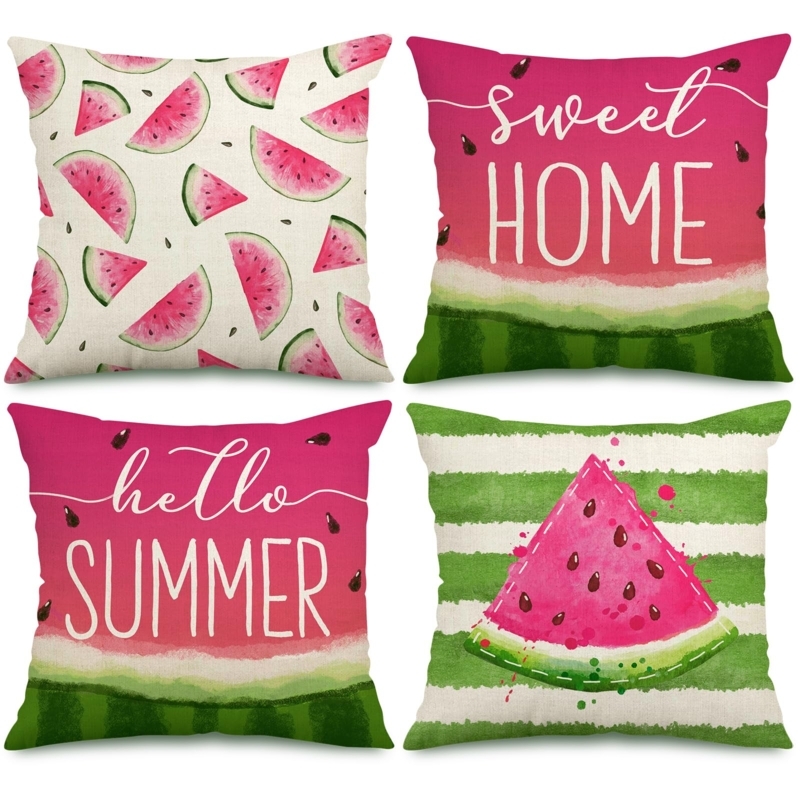 Throw Pillow: Watercolor Watermelon Print & Typography, Set of 4