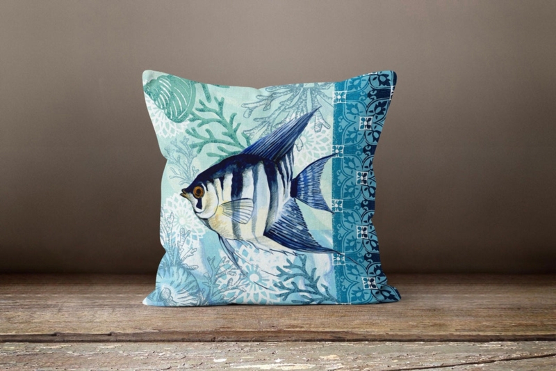 Throw Pillow, Whale Print, Nautical Theme, Linen Like, Blue and White.