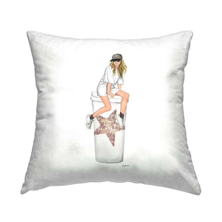 Throw Pillow: Whimsical Fashion Illustration of Girl on Coffee Cup