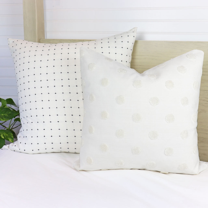 Throw Pillow White Embroidered Pom Poms Tonal Texture Clean