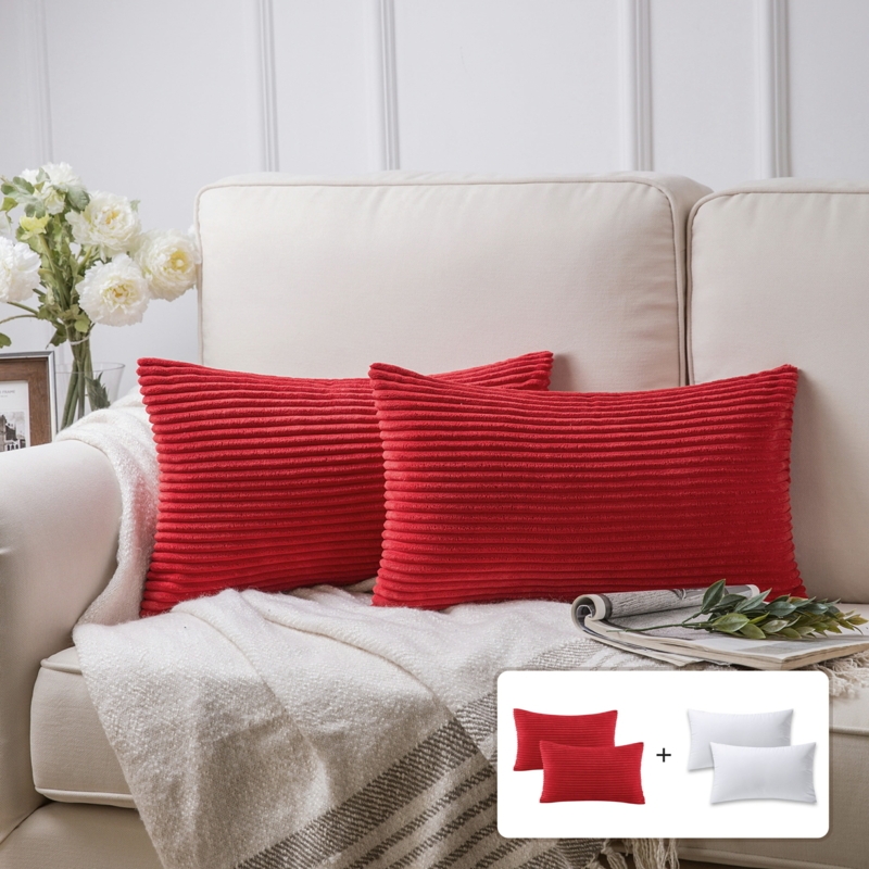 Throw Pillow Wide Ribbed Corduroy Saturated Red Plush Living Room