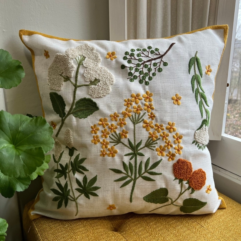 Throw Pillow Wildflower Embroidery Handcrafted Look Bohemian Cream