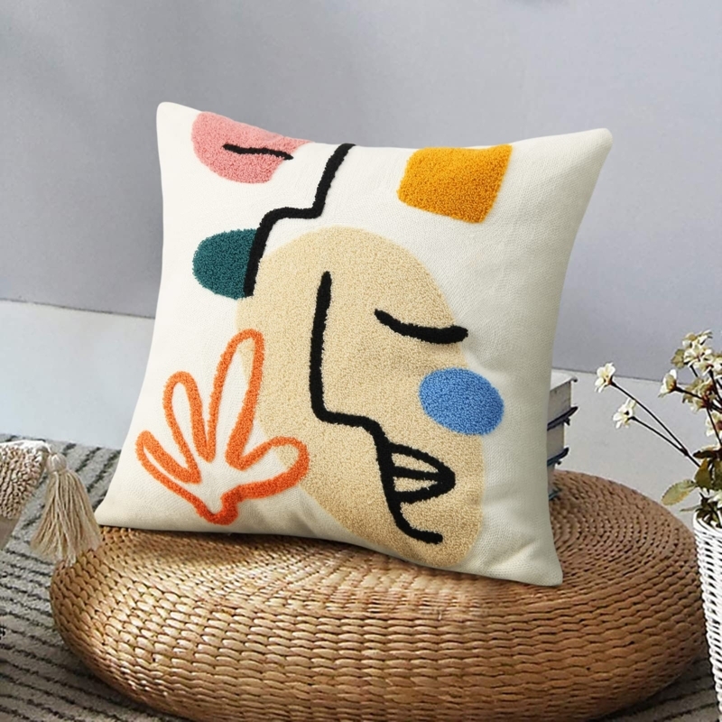 Throw Pillow with Abstract Face Line Art and Mid Century Aesthetic
