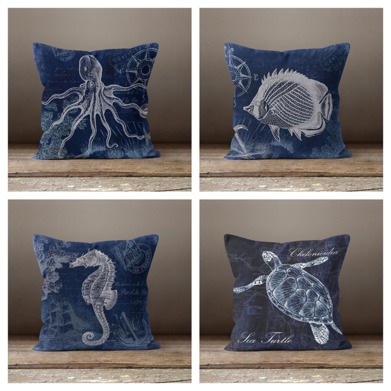 Throw Pillow with Anchor Motif and Typography for Nautical Beach House Decor