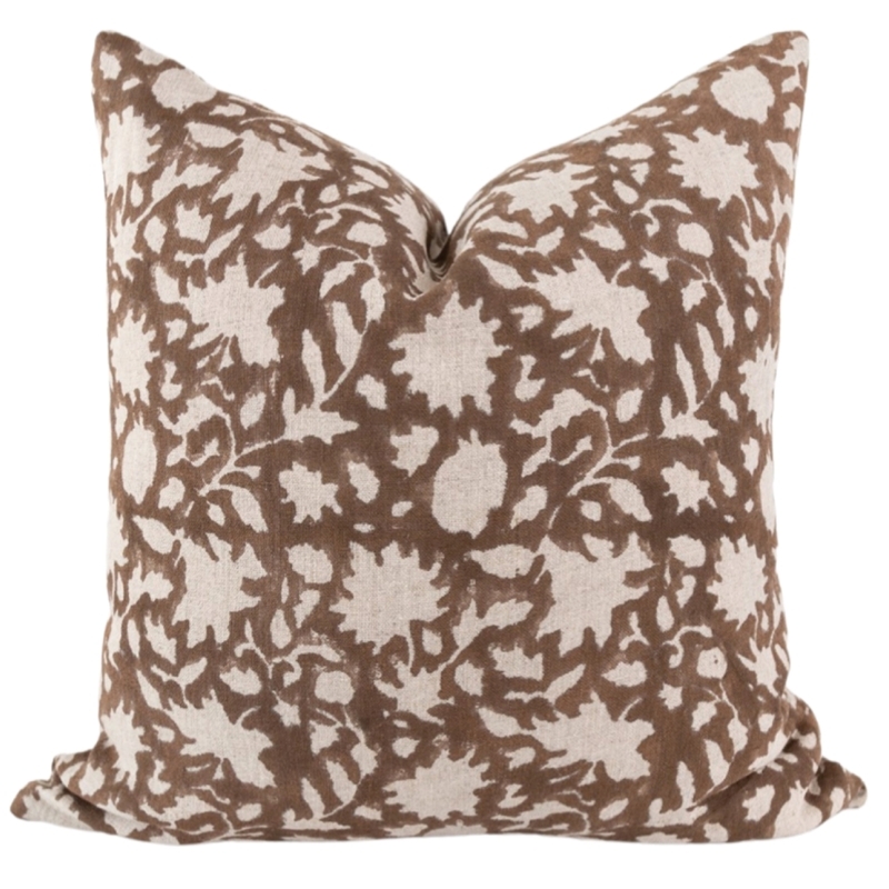 Throw Pillow with Block Print Floral on Linen-Like Fabric