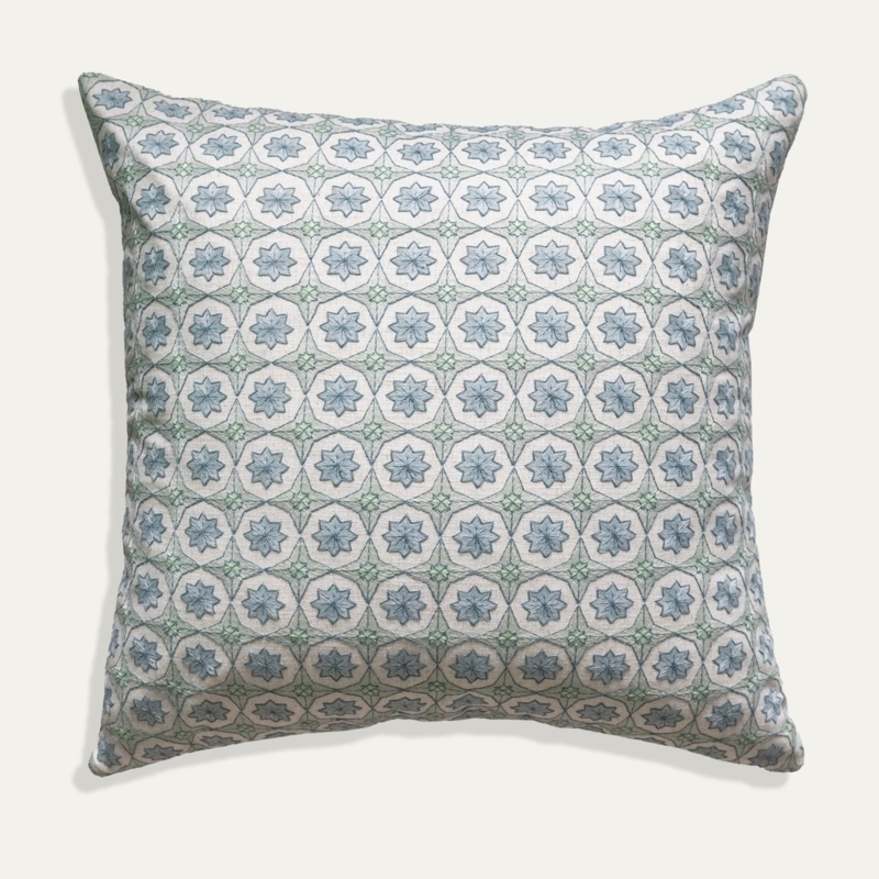 Throw Pillow with Blue Geometric Embroidery, Transitional Decor.