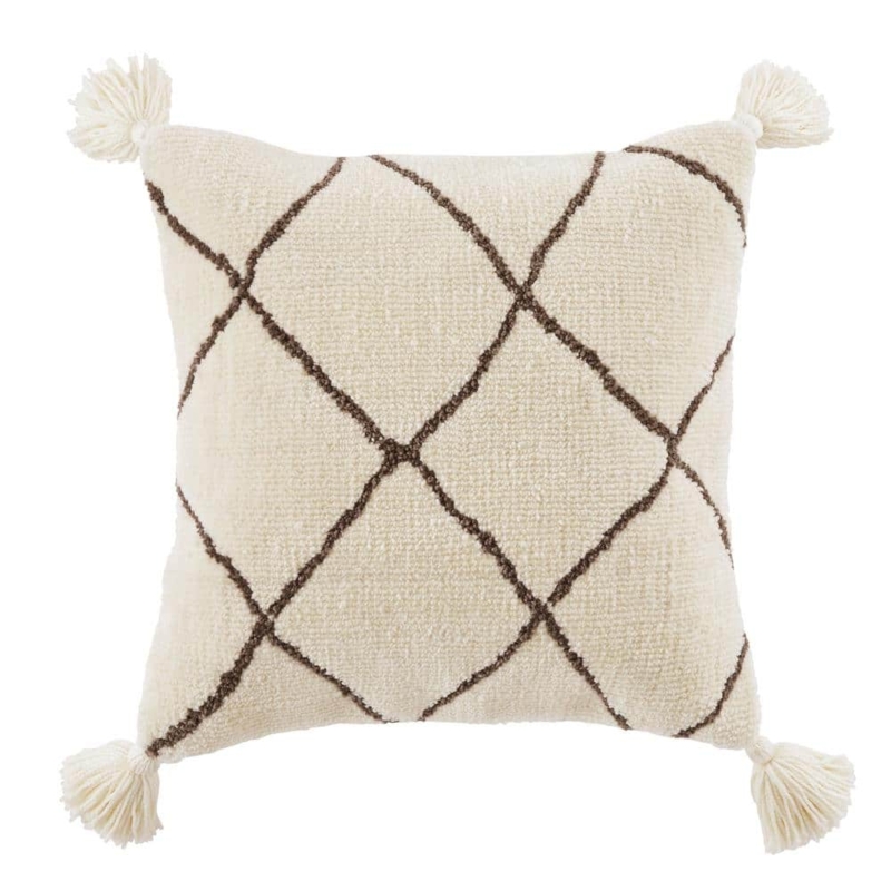Throw Pillow with Corner Tassels, Embroidered Diamond Global Style.