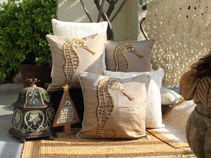 Throw Pillow with Embroidered Seahorse Texture for Coastal Beach House Decor