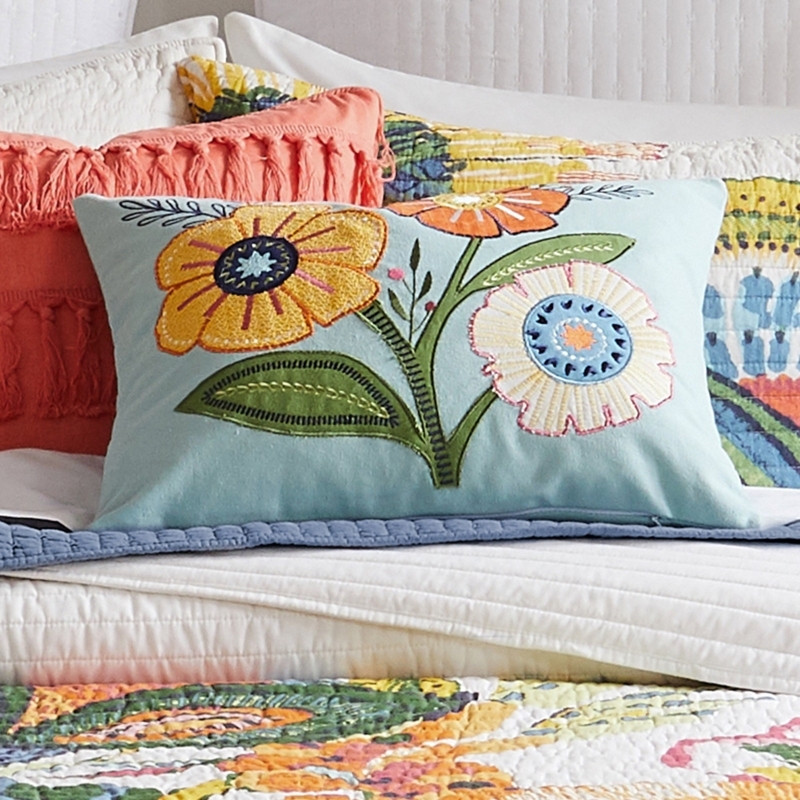 Throw Pillow with Embroidered Stems and Cottagecore Floral Applique