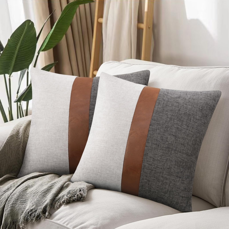 Throw Pillow with Faux Leather Strip & Charcoal Texture