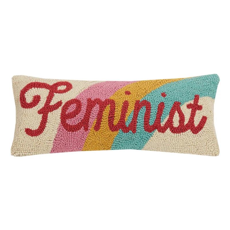 Throw Pillow with Feminist Typography and Rainbow Hooked Texture