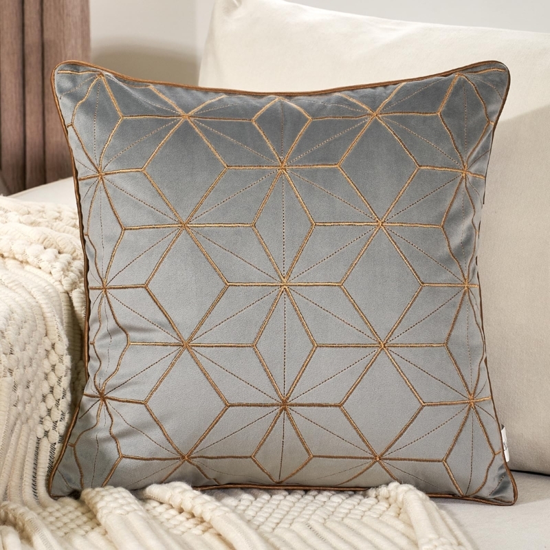 Throw Pillow with Gold Plaid Embroidery, Velvet Metallic Decor.