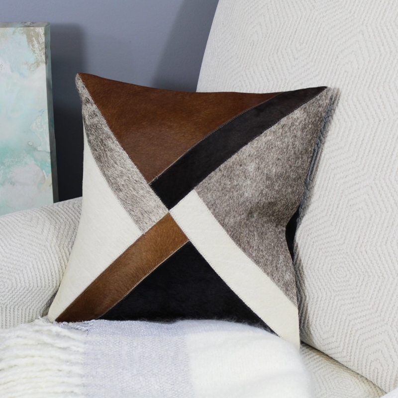 Throw Pillow with Hair-on-Hide Patchwork, Geometric Rustic Decor.