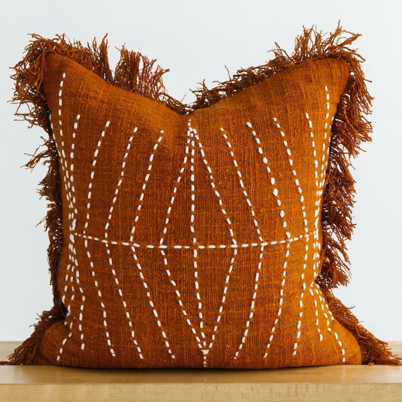 Throw Pillow with Hand-Drawn Geometric Print on Rust Orange Linen Fabric