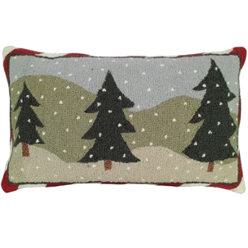 Throw Pillow with hooked wool texture and winter landscape design.