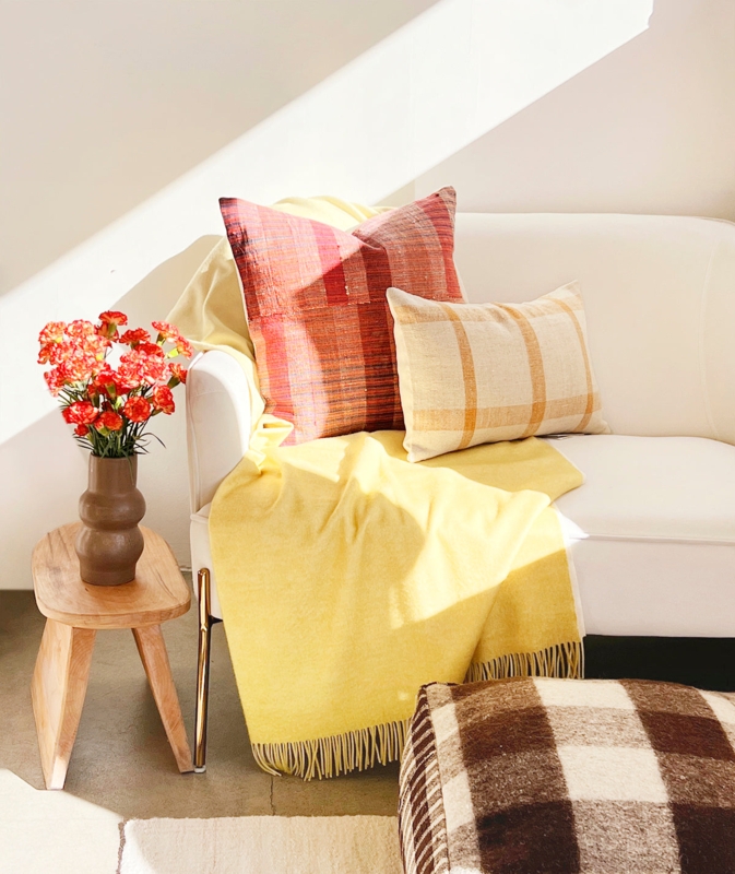Throw Pillow with Large Grid Pattern, Mustard Woven Fabric