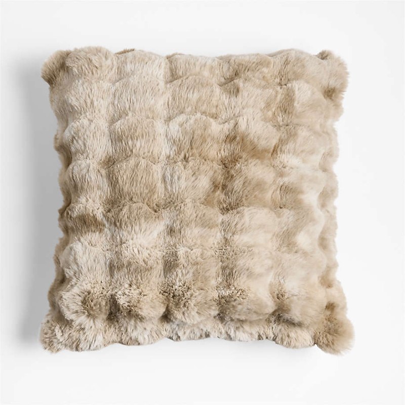Throw Pillow with Long Pile Faux Fur, Tan Shaggy Texture