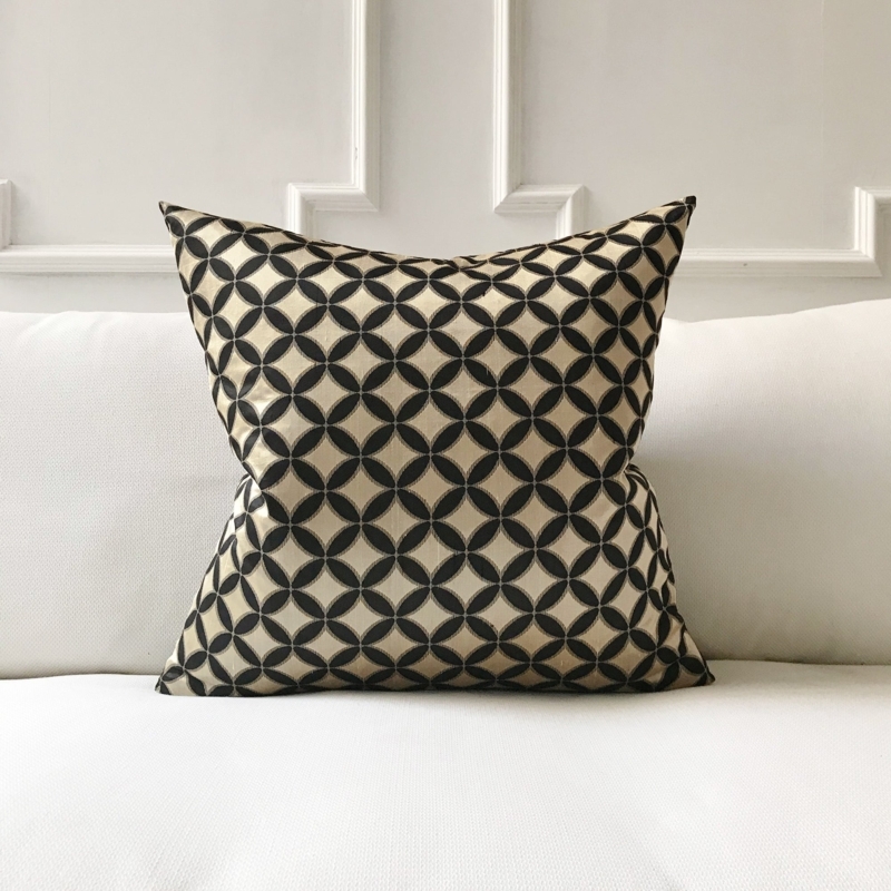 Throw Pillow with Metallic Trellis Pattern, Black Gold Art Deco Style.