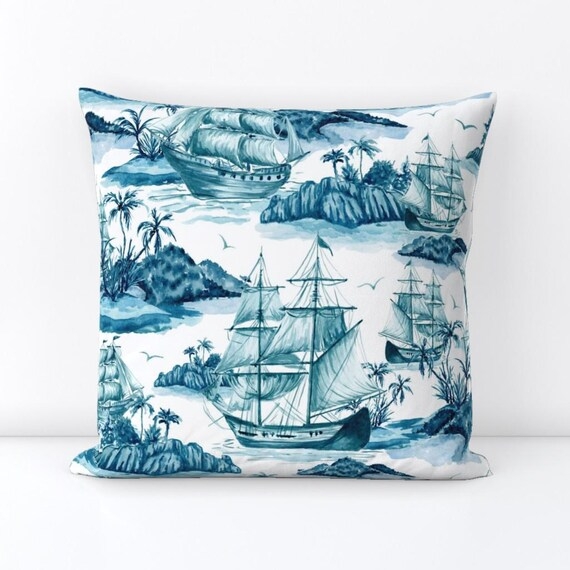 Throw Pillow with Monochromatic Toile Sailing Ship Print