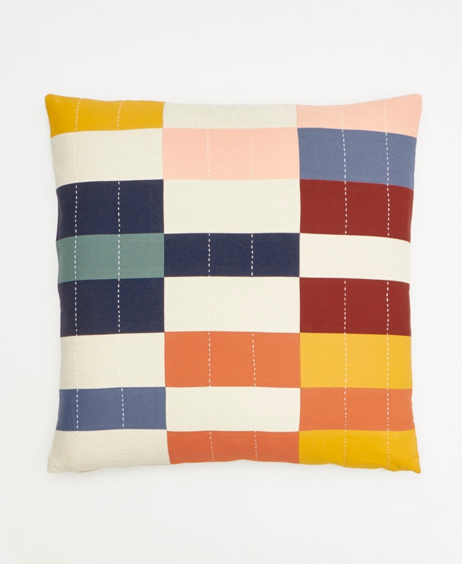 Throw Pillow with Multi-Check Pattern, Hand-Stitched Woven Cotton