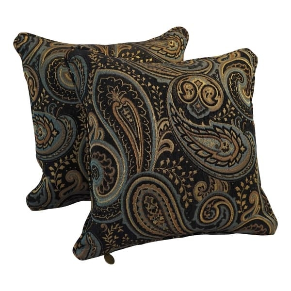 Throw Pillow with Navy Ornate Floral Jacquard and Corded Trim