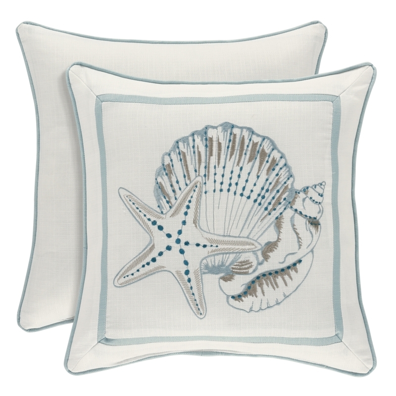 Throw Pillow with Pleated Flange Edge and Aqua Starfish Motif