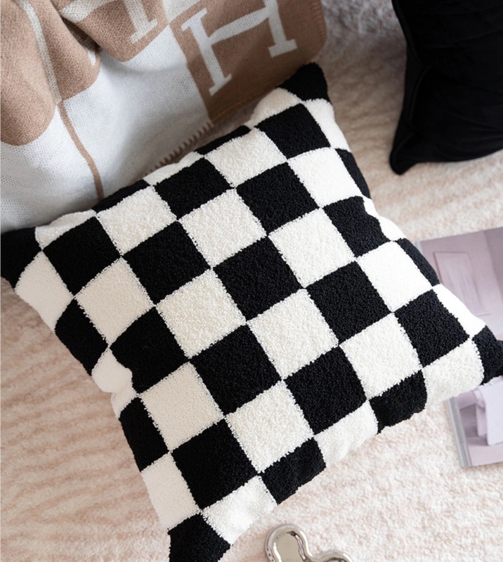 Throw Pillow with Plush Texture, Brown & Off-White Checkerboard