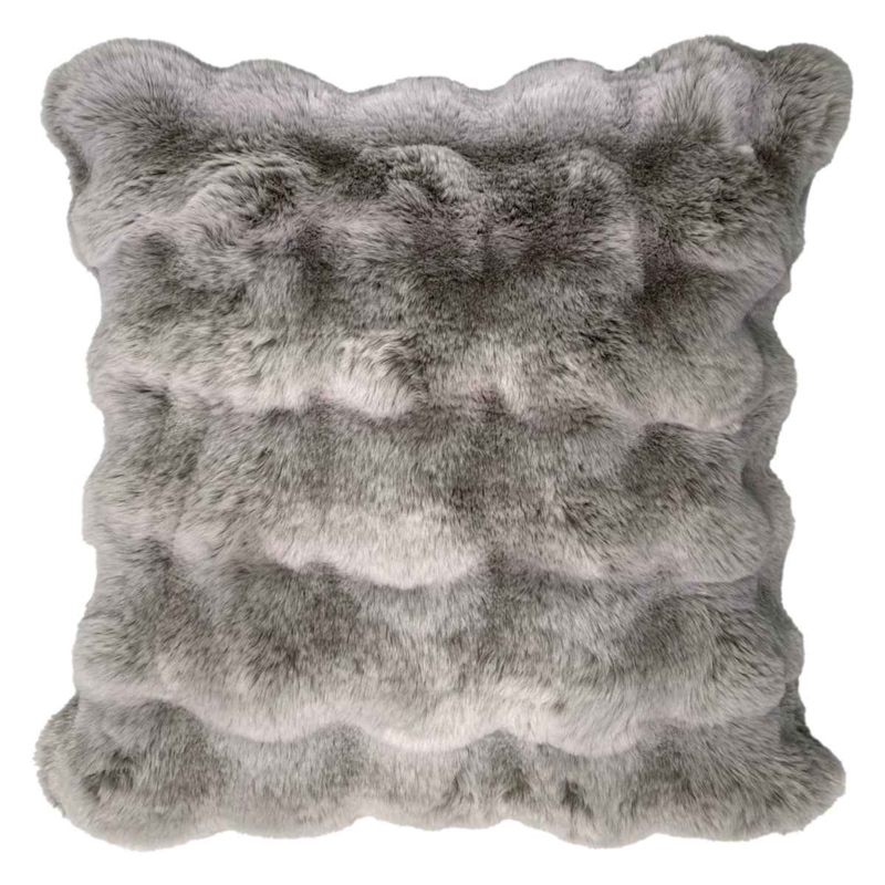 Throw Pillow with Pom Pom Trim, Greige Shaggy Faux Fur