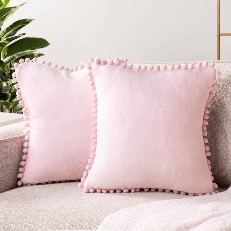 Throw Pillow with Pom Pom Trim, Velvet Plush Texture, Boho Chic Style