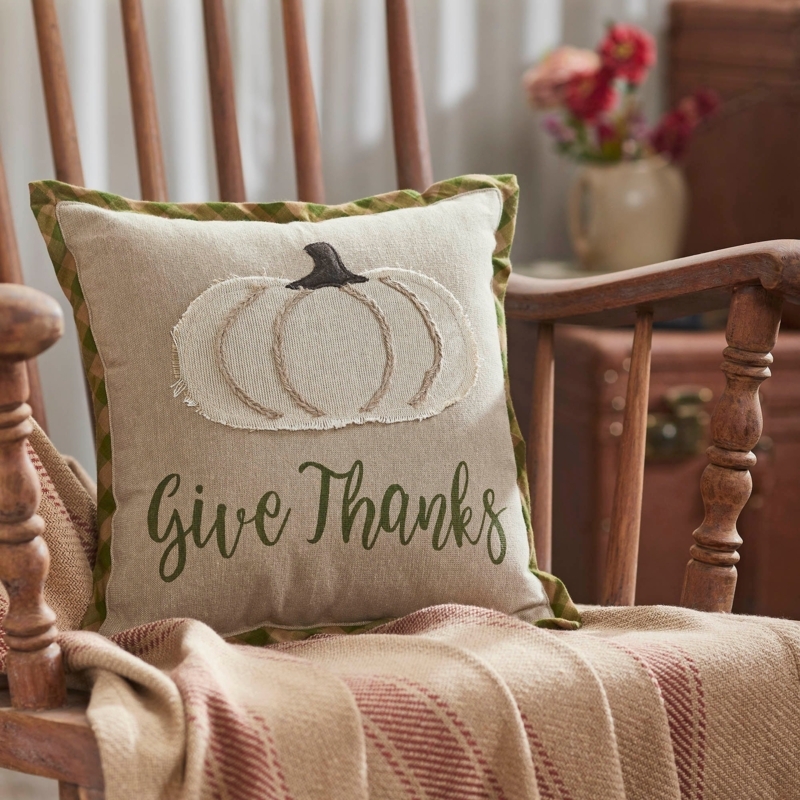 Throw Pillow with Pumpkin Motif and Rustic Give Thanks Embroidery