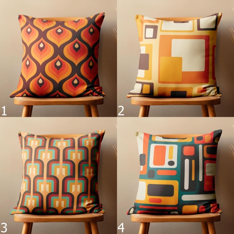 Throw Pillow with Retro Abstract Geometric Print, Mid-Century Style.