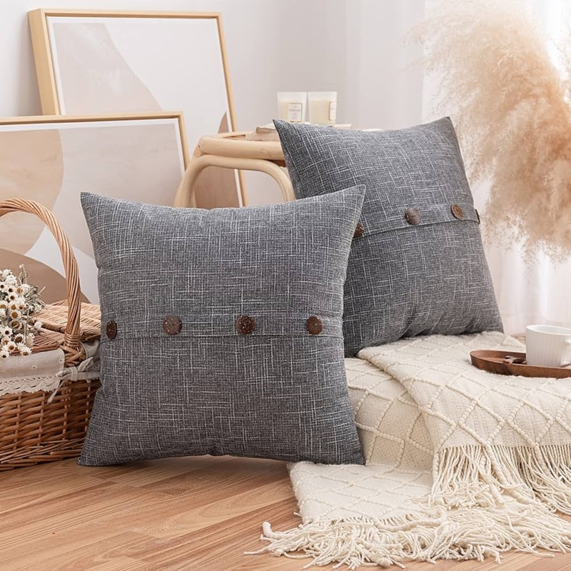 Throw Pillow with Rustic Burlap Texture and Oversized Buttons