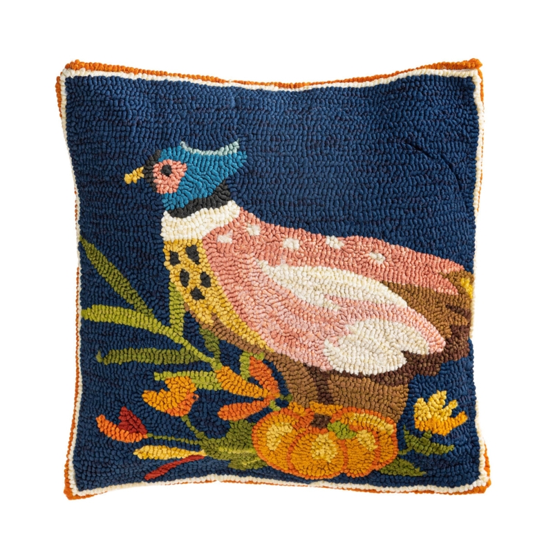 Throw Pillow with Rustic Hooked Texture and Pheasant Motif Design
