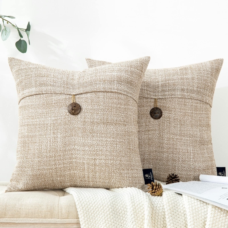 Throw Pillow with Rustic Wooden Buttons and Heavy Linen Texture