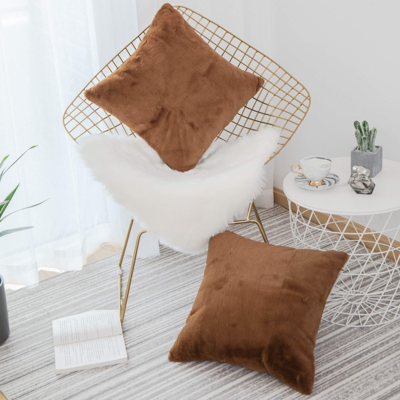 Throw Pillow with Shaggy Faux Fur in Chocolate Brown
