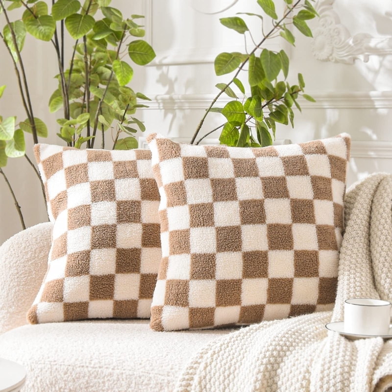 Throw Pillow with Sherpa Checkerboard Pattern, Khaki & Off-White