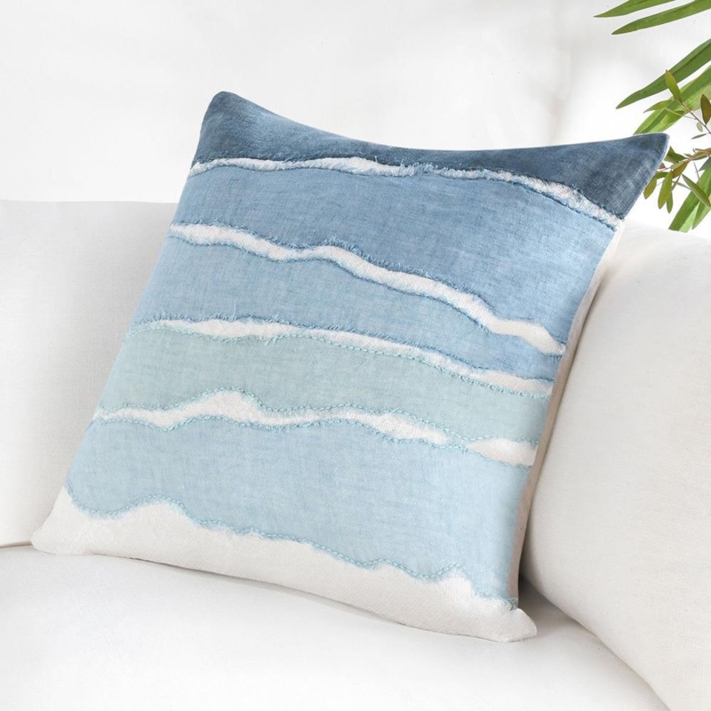 Throw Pillow with Slubby Linen Texture and Piped Edges in Coastal Blue
