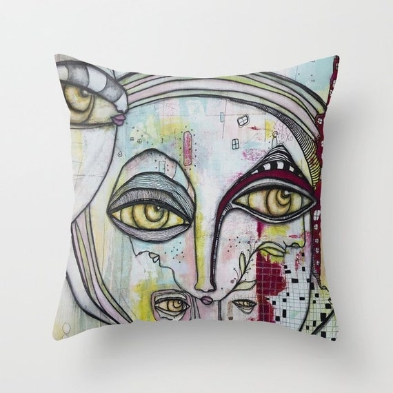 Throw Pillow with Surrealist Face Art and Multi Eye Graphic Print