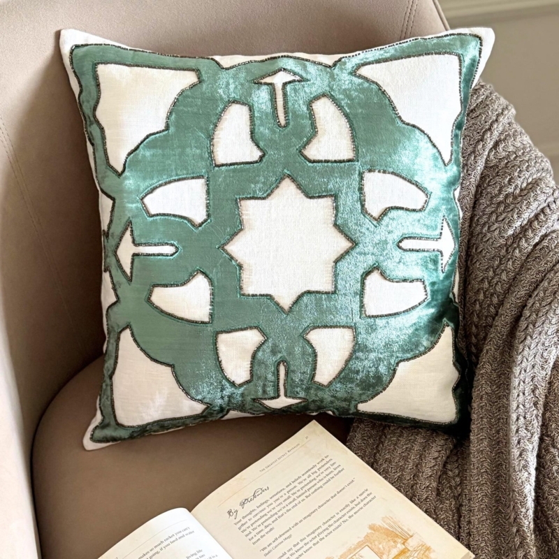 Throw Pillow with Teal Velvet Applique Greek Motif on Linen Base